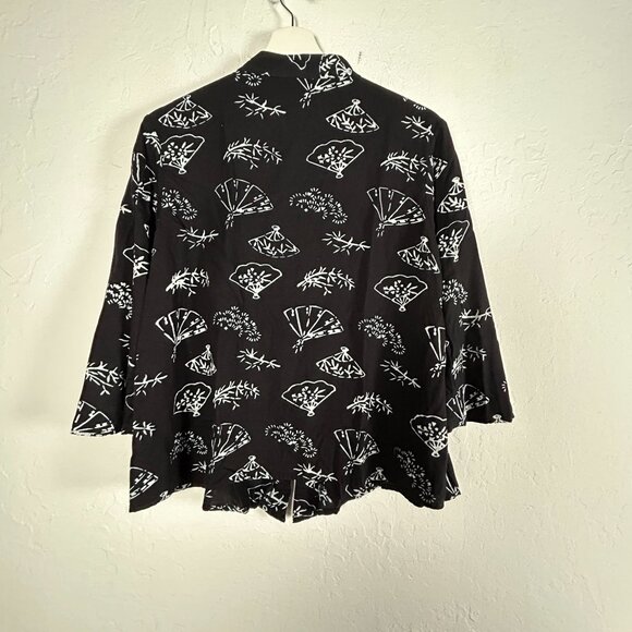 Nomadic Traders Womens Black Fan Print Mandarin Collar Button-Up Blouse Medium - Picture 2 of 7